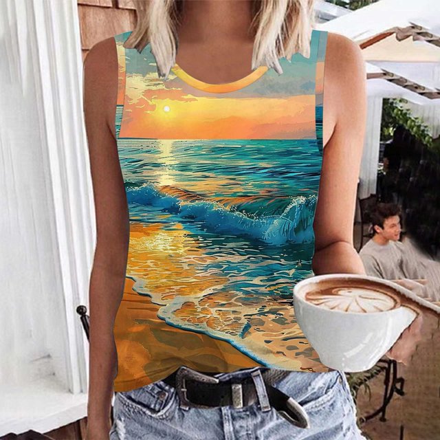 lSLJS Women Floral Printing Tank Round-Neck Sleeveless Block Tunic Tee Tops, Womens Tank Tops