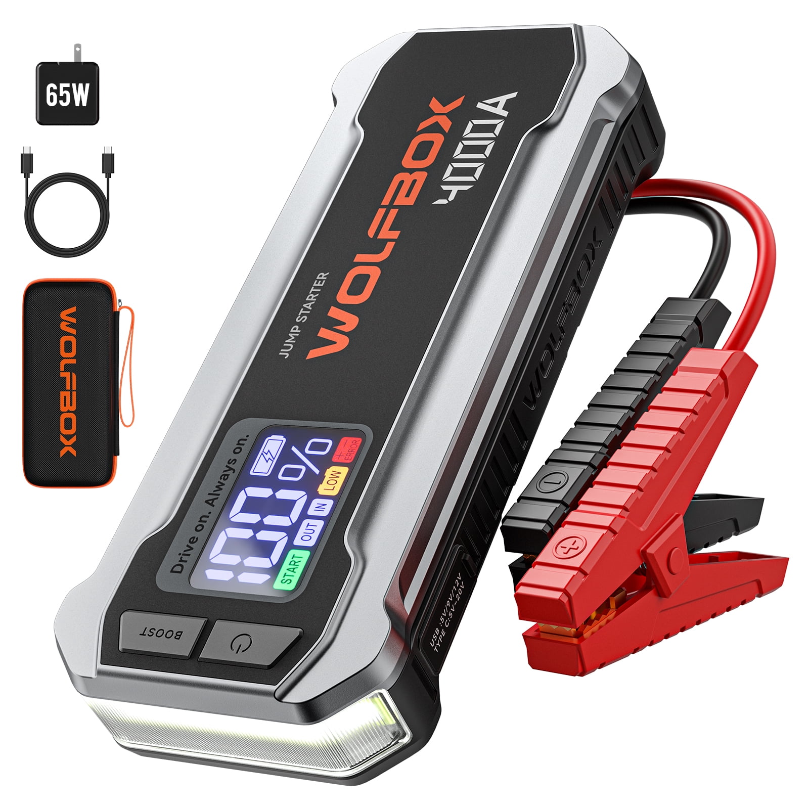 WOLFBOX 4000A Car Battery Jump Starter, Portable Jump Box pack, Battery Booster, Fast Charger and Jumper Cables for 10L Gasoline and Diesel Engines