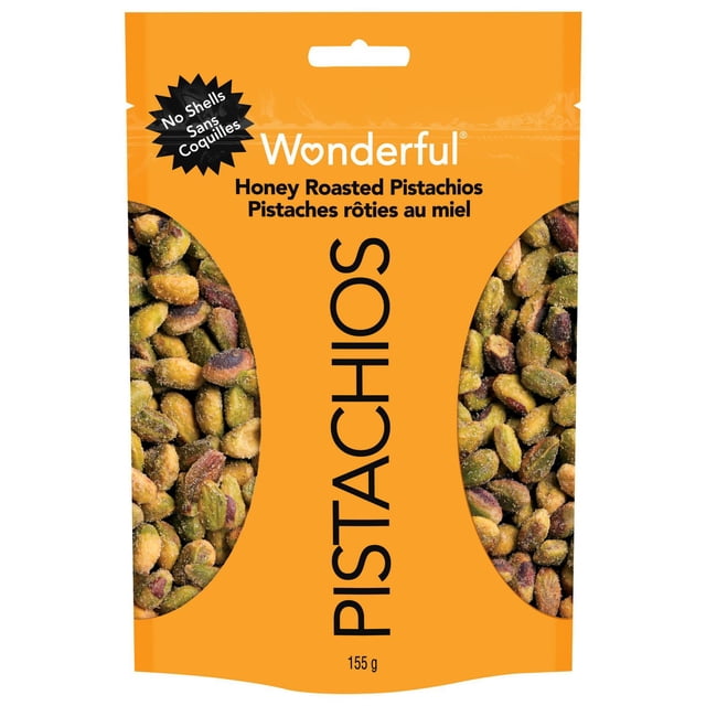 Wonderful Pistachios No Shells Honey Roasted Nuts, 155g resealable orange bag with transparent side windows showing shelled honey roasted pistachio nuts, gluten free, non-GMO, kosher and halal certified, ideal for snacking or as a nut topping for desserts and salads.