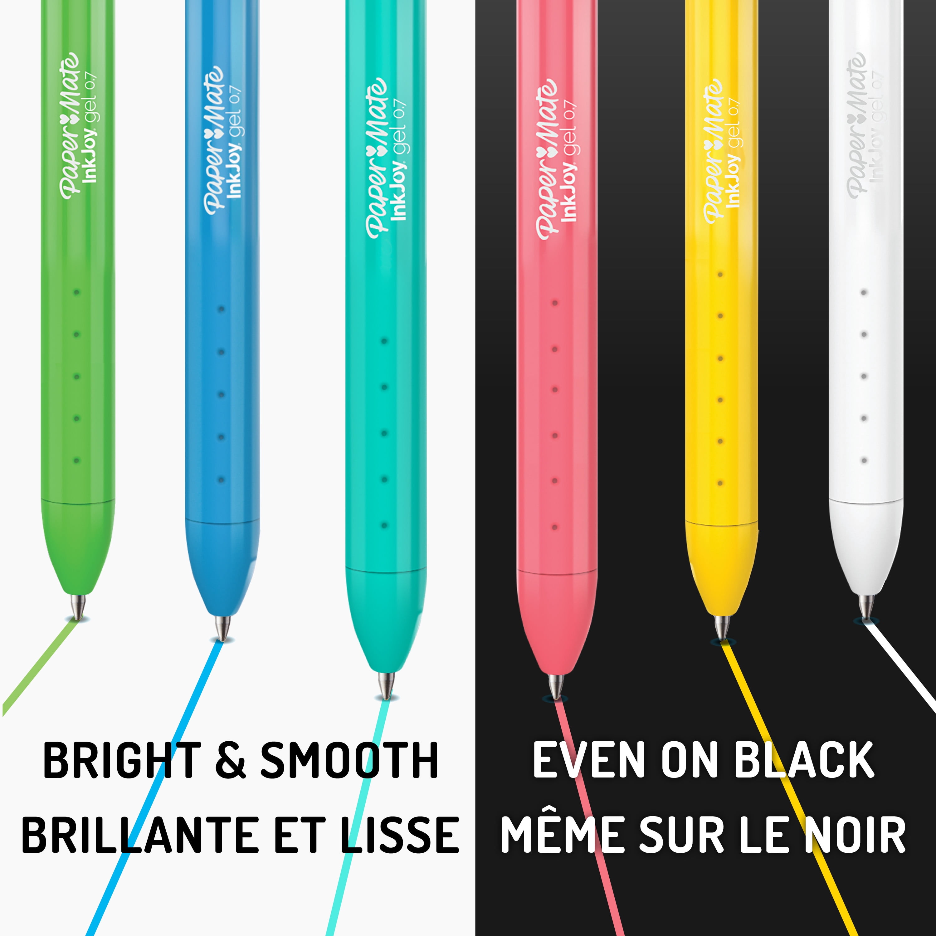 Stylos brillants InkJoy de Paper Mate, stylos gel avec encre semblable à de la peinture, pointe moyenne (0,7 mm), rétractables, couleurs vives assorties, 3 unités