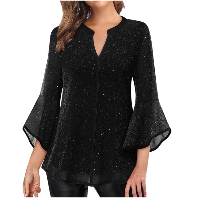 Meichang Womens Ruffle 3/4 Sleeve Notch V Neck Double Layers Mesh Blouses Loose Fit Flowy Tunic Tops Solid Lightweight Work Shirts on Clearance