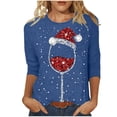 thumbnail image 1 of Hauts d'Été pour Femmes Noël Verre de Vin Rouge Imprimé Col Rond Manches Trois Quarts T-Shirts Surdimensionnés pour Femmes Bleu TTTG, 1 of 4