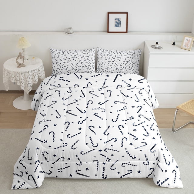 YST Christmas Reversible Bedding Set for Kids Adults, Christmas Candy Cane Pattern Comforter Set, Winter Holiday Theme Bedding Comforter Sets, White Duvet Insert (Navy Blue, Queen Size)
