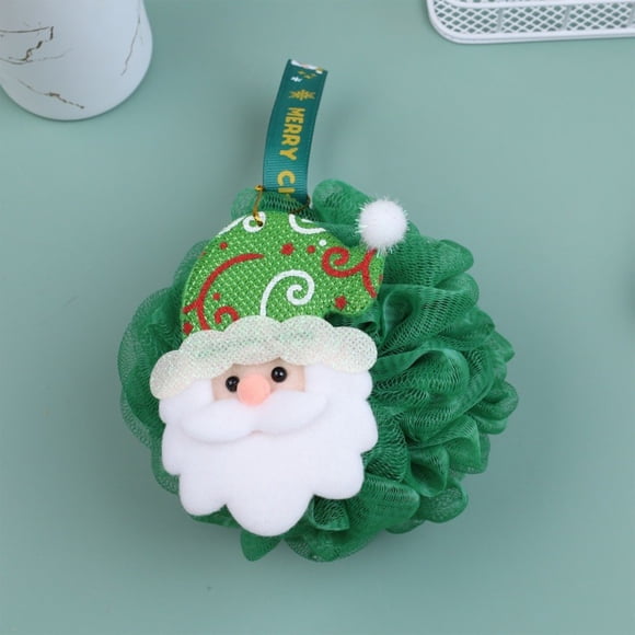 HCBY Christmas Themed Bath Shower Loofah Sponge Pouf - Santa, Snowman, Elk Pattern with Hanging Loop for Holiday Bath Time & Festive Bathroom Deco