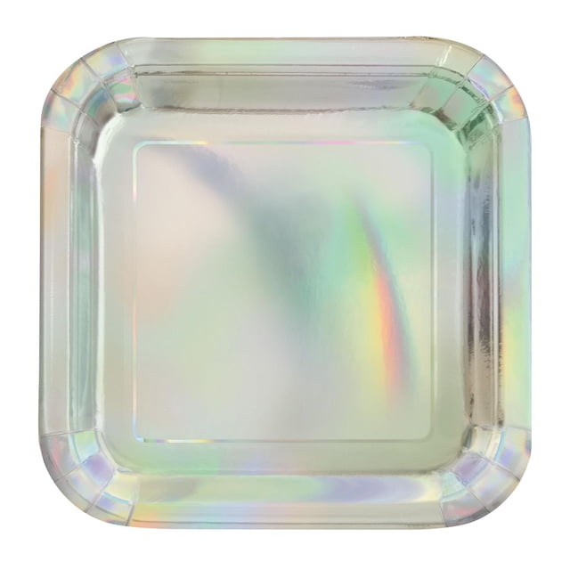 Foil Iridescent Paper Dessert Plates, 7in, 8ct showing a single square disposable plate with rounded corners and a shiny iridescent foil finish reflecting rainbow colors, ideal for party disposable tableware and easy cleanup.