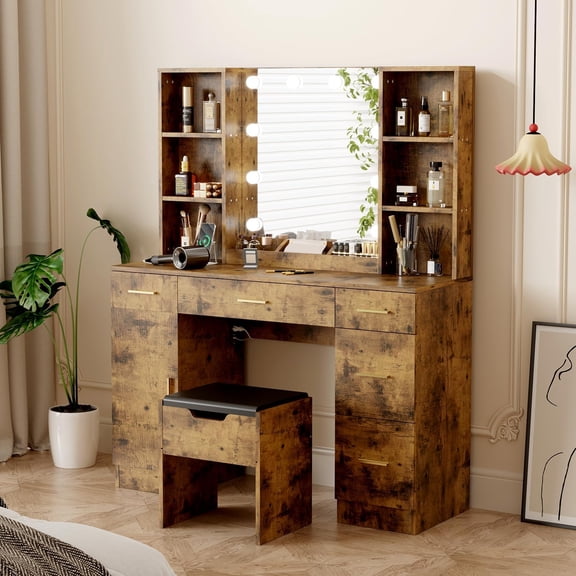 Coiffeuse Moderne avec Miroir Éclairé, Bureau de Toilette Style Ferme de 56 Pouces avec Station de Recharge et Tiroirs de Rangement