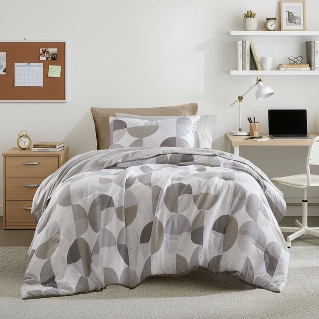 Regency Heights Ensemble de Couette Taille Simple/Simple TG, Ensemble de Literie Beige/gris pour Toutes les Saisons, Ensemble de Couette de Literie à Imprimé Géométrique Rond 2 Pcs