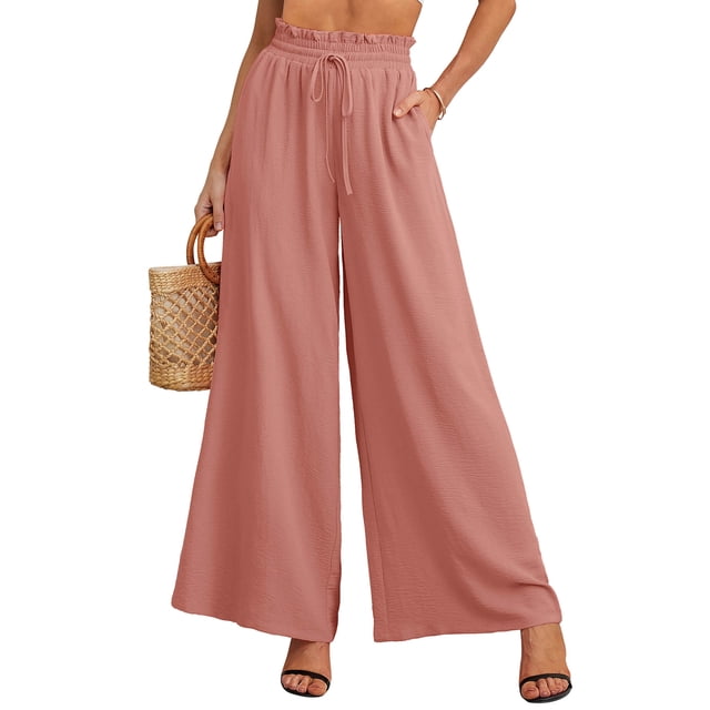 Showmall Women's Plus Size High Waist Wide Leg Palazzo Pants with Drawstring and Pockets, Pink, 2XL
