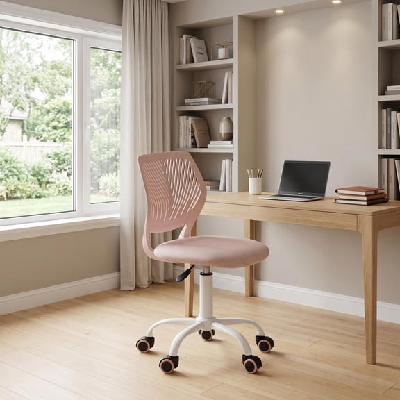 Homy Casa Kids Study Chair, Pink Adjustable Armless Rolling Desk Chair for Bedroom Desk