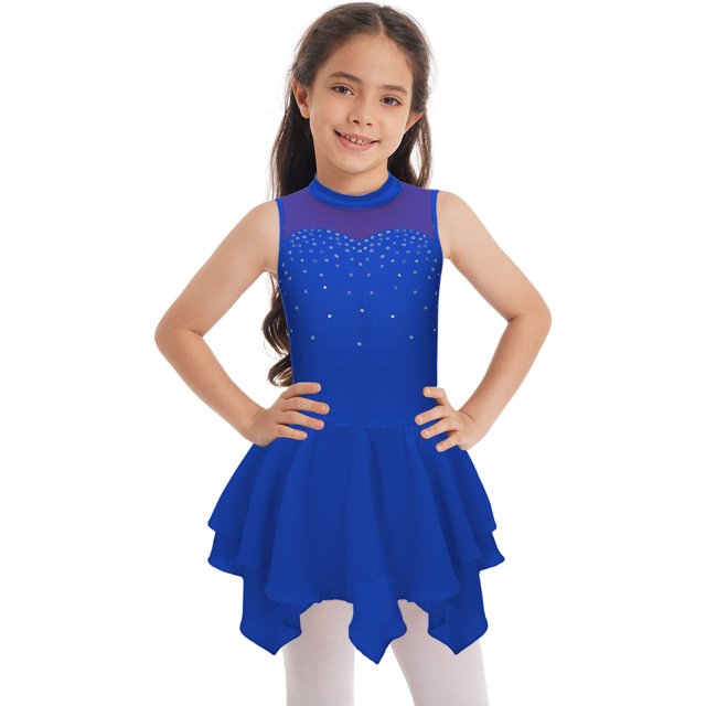 Girls Shiny Rhinestones Sleeveless Figure Ice Skating Dress Ballet Lyrical Modern Dance Performance Royal Blue 6
