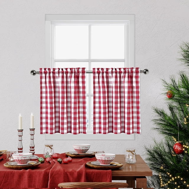 Red White Cafe Kitchen Curtains 45 Inches Length, featuring a burgundy buffalo check pattern in a plaid gingham design. The set includes two short bathroom window tier curtains, each measuring 28 inches wide by 45 inches long, for a total width of 56 inches. Made of thick yarn-dyed polyester fabric, these curtains are wrinkle-resistant and snag-resistant, with vibrant colors that last through repeated washing. Displayed in a cozy kitchen setting with a festive table and Christmas decor.