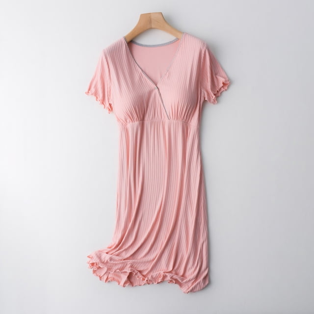 TIMIFIS Femmes 3 en 1 Robe de Nuit d'Accouchement/travail Maternité/allaitement Unie à Manches Courtes Robe de Sommeil d'Allaitement - Printemps/été