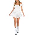 thumbnail image 2 of Honganda Women Summer Short Dress, Solid Color Ruched Bust Boat Neck Off Shoulder Puff Sleeve A-Line One Piece, 2 of 9