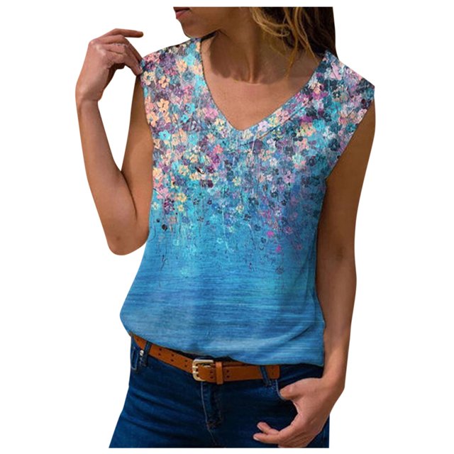 Fridja Femmes Casual V-Cou Imprimé Top Chemisier Sans Manches Camisole
