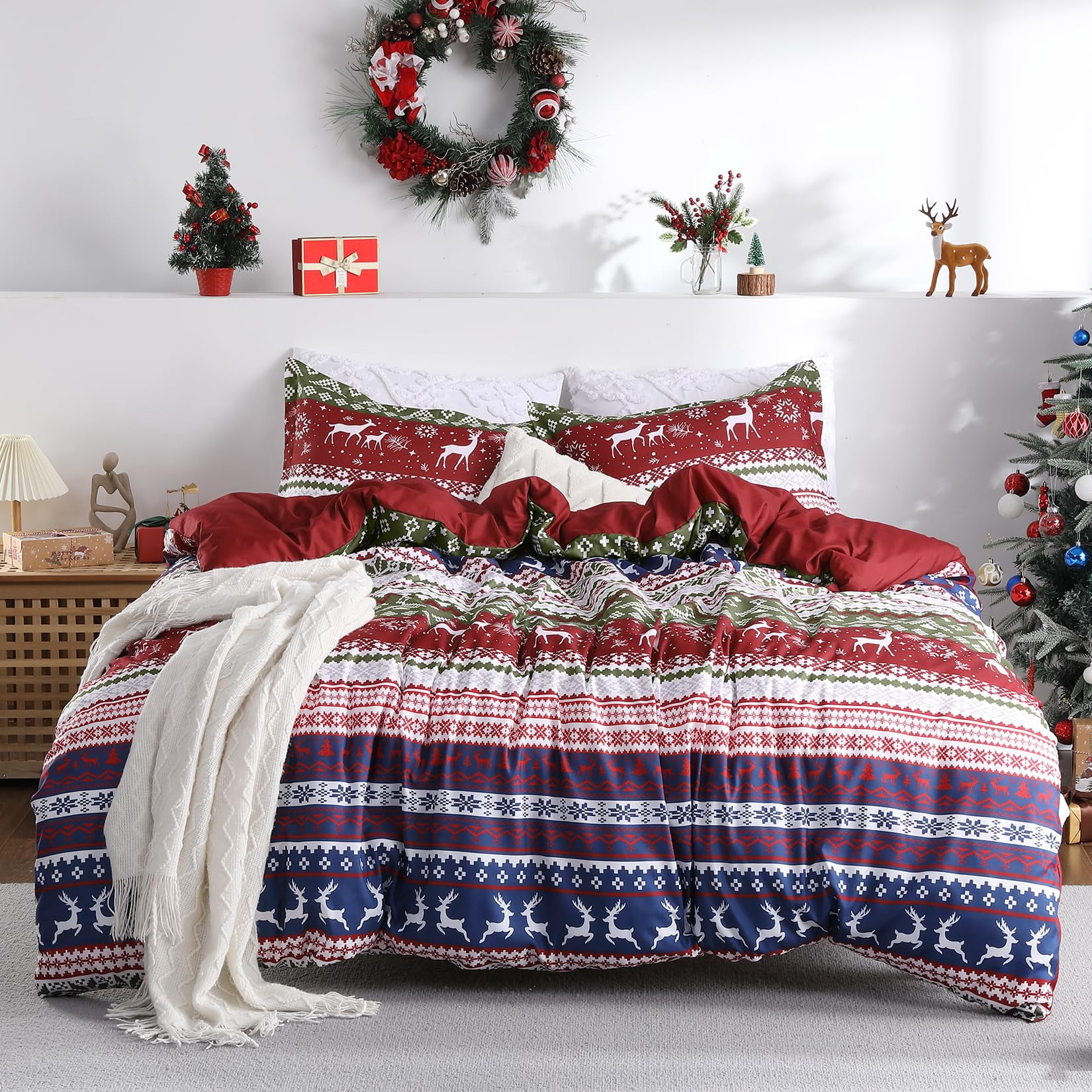 TROPOW Christmas Duvet Cover Set King Size - Boho Holiday Reindeer Print Bedding Set - Soft & Breathable Christmas Decorations for Winter(King-104x90")