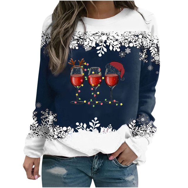 T-shirt Ample Imprimé d'Hiver pour Femme à Manches Longues, Blouse à Col Rond, Hauts Décontractés, Chandails pour Femme en Liquidation