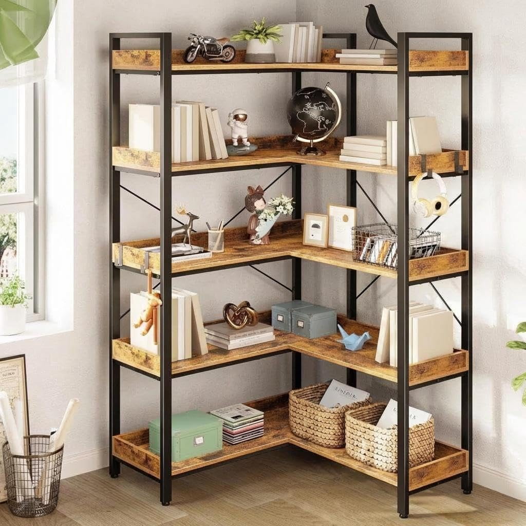 BeesClover L-Shaped 5-Tier Corner Bookshelf, 66in Tall Industrial Wooden Bookcase with Open Storage Shelves and Metal Frame, Display Shelving Unit with 4 Hooks, Rustic Style for Living Room, Bedroom