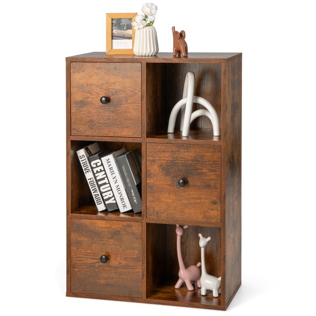 Costway 6-Cube Wooden Bookcase Storage Organizer with 3 Open Cubes 3 Drawers Rustic Brown