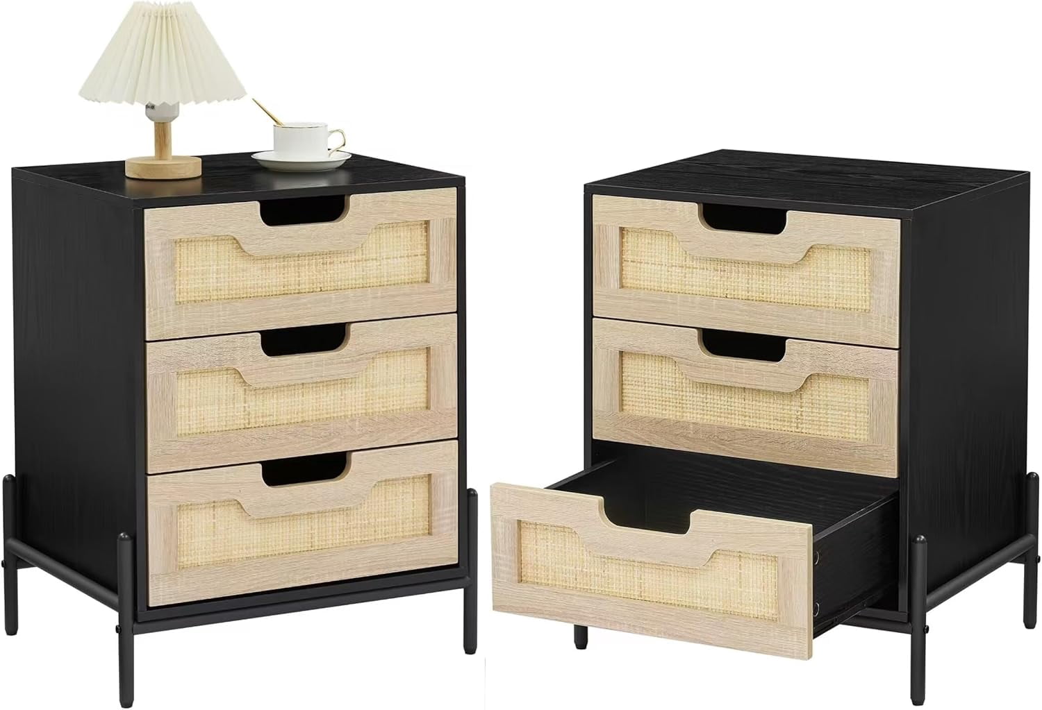 Set of 2 Rattan Nightstands with 3 Drawers, Farmhouse Boho Bedside Tables with Metal Legs, Small Space End Tables, 18.9"W x 15.7"D x 25.2"H