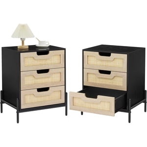 Set of 2 Rattan Nightstands with 3 Drawers, Farmhouse Boho Bedside Tables with Metal Legs, Small Space End Tables, 18.9"W x 15.7"D x 25.2"H