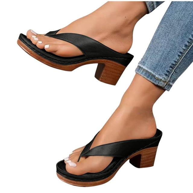Heel Sandals for Women Flip Flops Slide Block Chunky Heel Soft Sole Beach Summer Backless Pumps Black