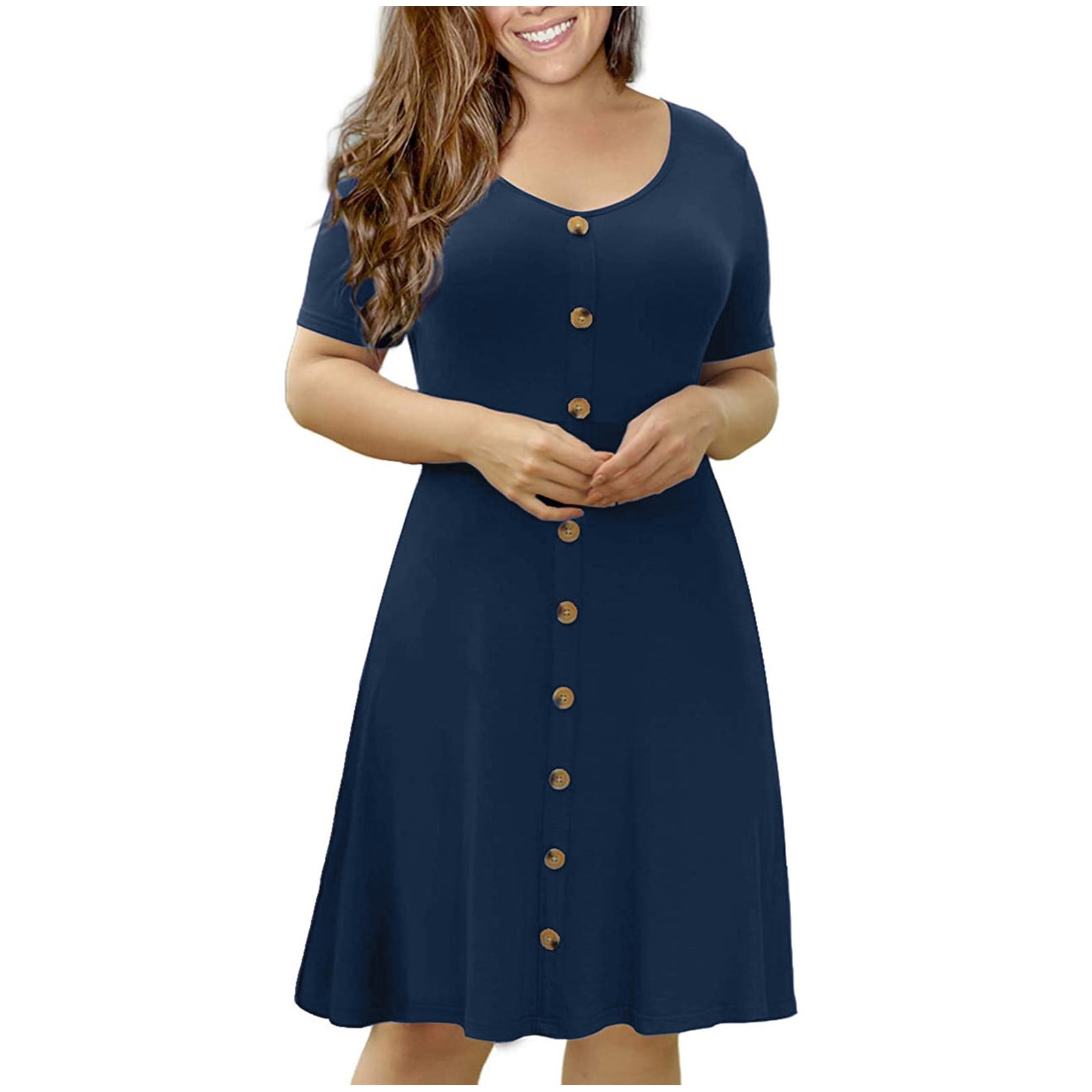 Leutsin Women's Summer Short Sleeve O-Neck Dress Mini Solid Plus Size Dress Plus Size