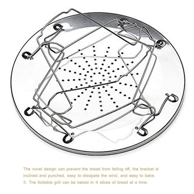 relayinert Folding Camping Stove Toaster made of stainless steel, featuring a circular perforated base and foldable wire rack designed to hold up to 4 slices of bread. The inclined bracket prevents bread from falling off and ensures even heat distribution. Compact and lightweight, ideal for camping, picnics, camp kitchen setups, or home use.