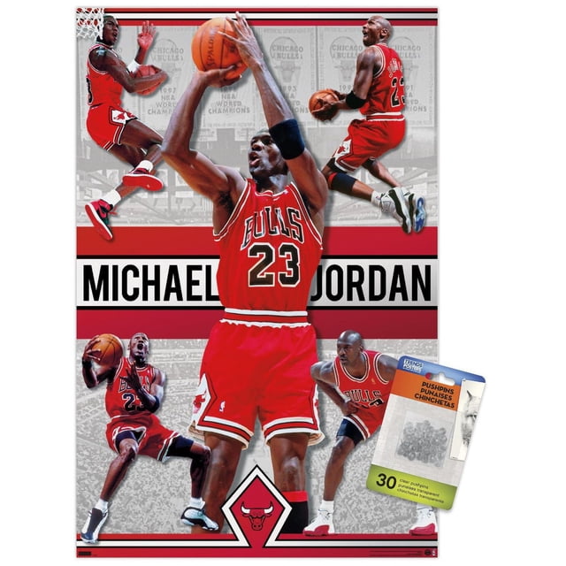 Michael Jordan - Affiche Murale Collage, 22,375 Po x 34 Po, Présentant Plusieurs Photos d'Action de Michael Jordan avec Son Chandail Rouge Chicago Bulls Numéro 23 Performant des Déplacements de basketball. l'Arrière-plan Montre des Bannières de Championnat Chicago Bulls et une Foule en Niveaux de Gris. l'Affiche Comprend le logo des Bulls et un Lot de 30 Punaises Transparentes pour Montage.