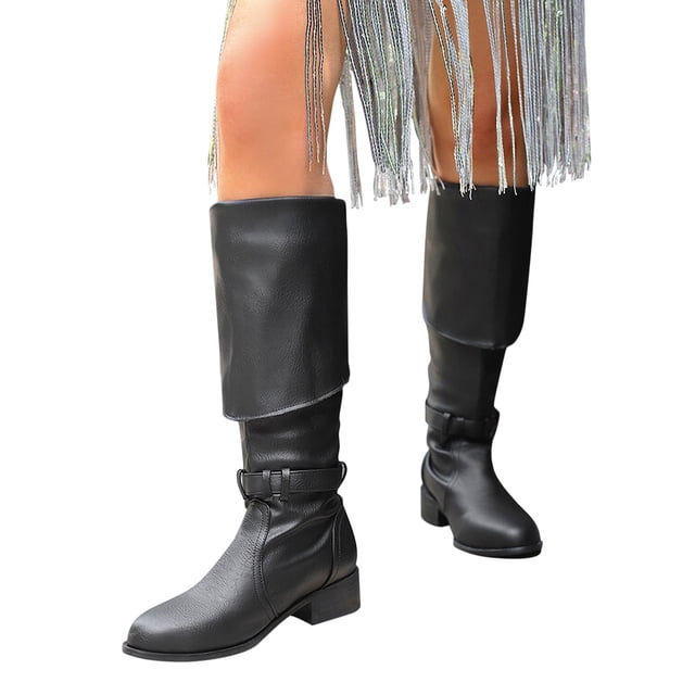 LSLJS Large Size Long Women Pointed Low Heels Belt Buckles High Tube Over Knee Knight Boots