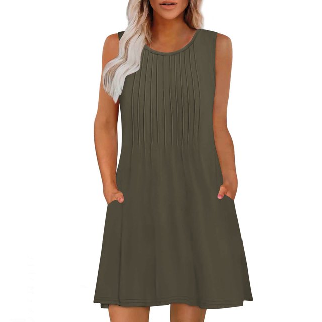 Ovzne Robes pour Femmes 2025 Robe pour Femme Mode Femme Confortable Été Couleur Unie Sans Manches Robe à Col Rond Grande Taille Robe Maxi Liquidation