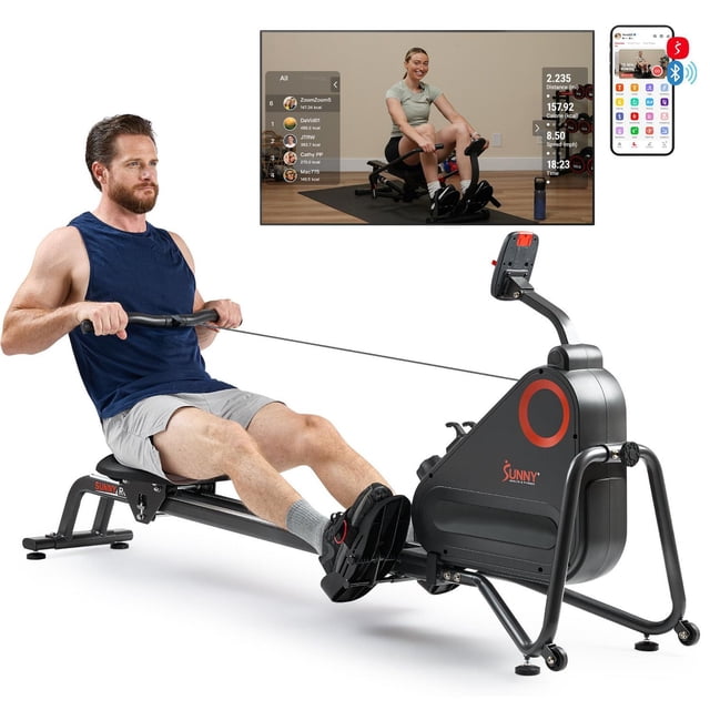 Sunny Health & Fitness Smart Silent Magnetic Rowing Machine with Aluminum Dual Slide Rail shown in use by a man wearing a navy tank top and gray shorts, demonstrating rowing on the black magnetic resistance rower with digital monitor, inset screen displaying workout metrics including distance, calories, speed, and time, alongside a smartphone with the SunnyFit app for connected fitness.