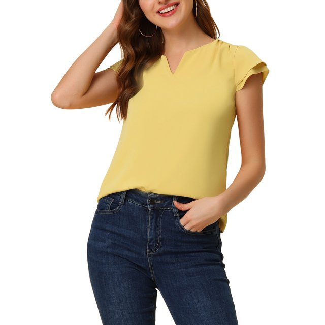 INSPIRE CHIC Women's Solid V Neck Cap Short Sleeves Work Blouse S Light Yellow