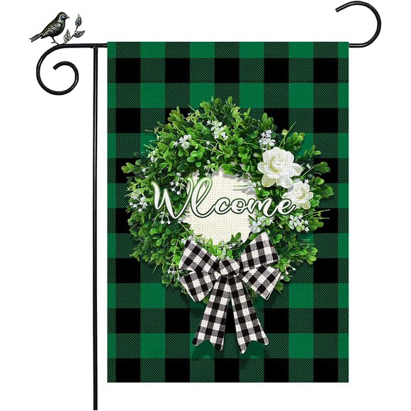 Drapeau de Jardin pour la Saint-Patrick, Couronne de Fleurs en Toile de Jute à Carreaux Buffalo 12 x 18 Pouces, Décoration Extérieure de Ferme Irlandaise de Printemps