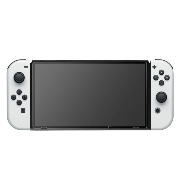 Surge Temperedshield Screen Protector for Nintendo Switch - 2 Pack applied on a Nintendo Switch OLED console with white Joy-Con controllers, featuring ultra-thin 0.3mm tempered glass with 9H hardness and oleophobic coating to protect against scratches and fingerprints while preserving touchscreen sensitivity and vibrant display clarity.