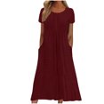thumbnail image 1 of Ovzne Robes Grande Taille pour Femmes aux Formes Robe de Plage Robe d'Été pour Femmes Aguichant Mode Couleur Unie Poche à Volants Manches Courtes Robe à Col Rond Robe de Printemps Manches Courtes Liquidation, 1 of 6