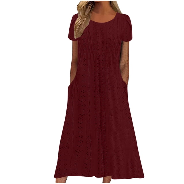 Ovzne Robes Grande Taille pour Femmes aux Formes Robe de Plage Robe d'Été pour Femmes Aguichant Mode Couleur Unie Poche à Volants Manches Courtes Robe à Col Rond Robe de Printemps Manches Courtes Liquidation