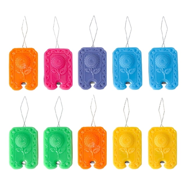 Riforla Sewing Needle Threader 2 in 1 Needle Threader 10X Needle Threader Tool, featuring a set of ten colorful needle threaders with integrated thread cutting functionality. Each threader has a floral embossed design and a wire loop for threading needles. Suitable for both hand sewing and sewing machines, these tools are compact and lightweight, making them a practical addition to any sewing kit.