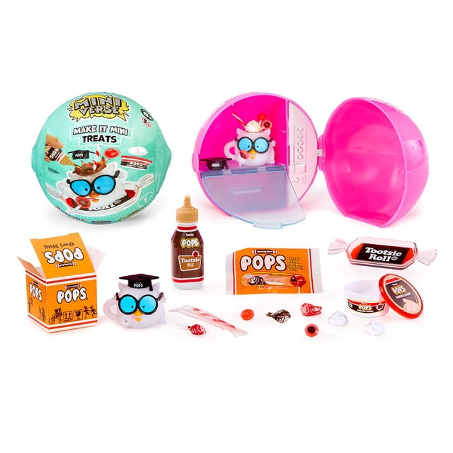 MGA's Miniverse Make It Mini Treats collectible doll toy set with a teal surprise ball, an open pink mini vending machine container holding a white owl figure with blue glasses and candy accessories, and miniature candy replicas including Tootsie Pops, Tootsie Roll, and Pops milk bottle on a white background, suitable for crafting and display.