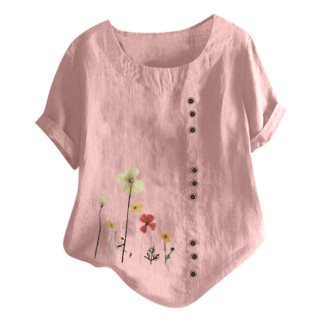 EQWLJWE Chemises pour Femmes Liquidation T-Shirts pour Femmes Femmes Manches Courtes Décontracté Col Rond Imprimé Ample Tunique à Boutons Chemise Blouse Hauts