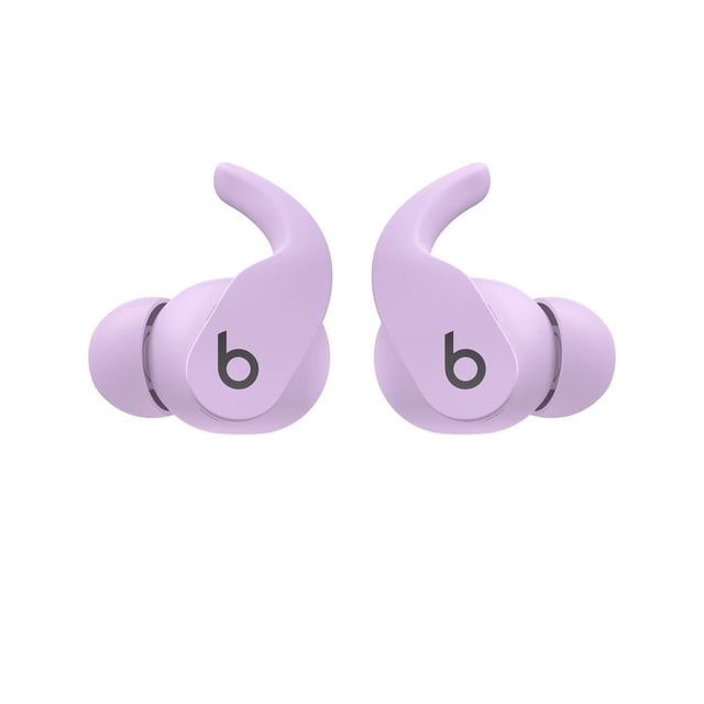 Beats Fit Pro True Wireless Earbuds in lavender, front-facing with flexible secure-fit wing tips and black Beats 'b' logo on each, engineered for noise cancelling and all-day comfort during workouts or daily use.