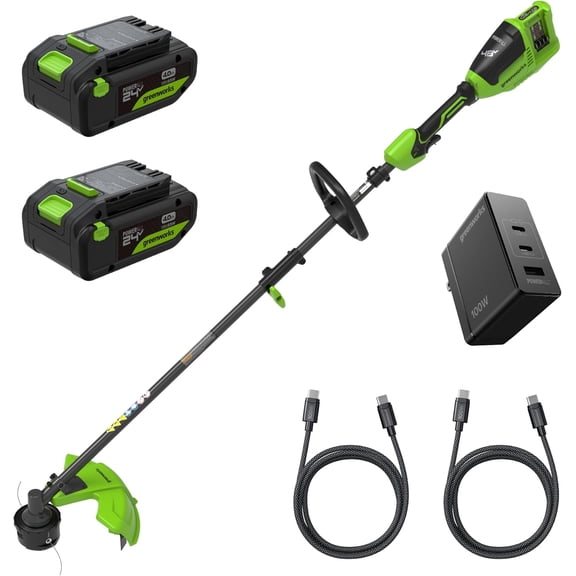 Greenworks 48V (24V x 2) 16" Brushless String Trimmer, 0.095" Dual Line, Quick Load, Bump Feed, (2) 4.0Ah Batteries, 100W Type-C Charger