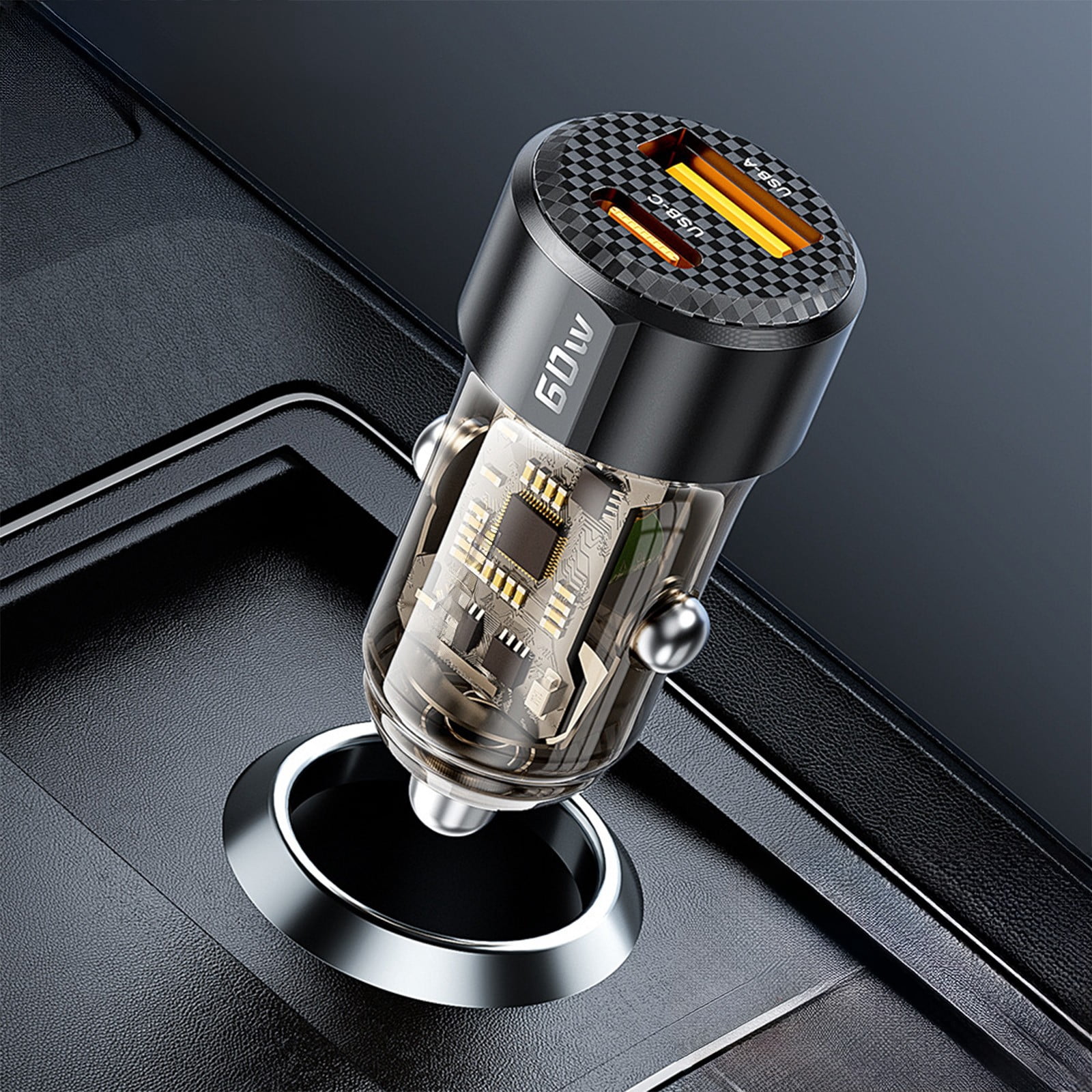 60W USB-C and USB-A Fast Car Charger with Dual Ports for Simultaneous Charging – Compact Cigarette Lighter Adapter with Intelligent Safety Protection for Overcurrent and Overheating