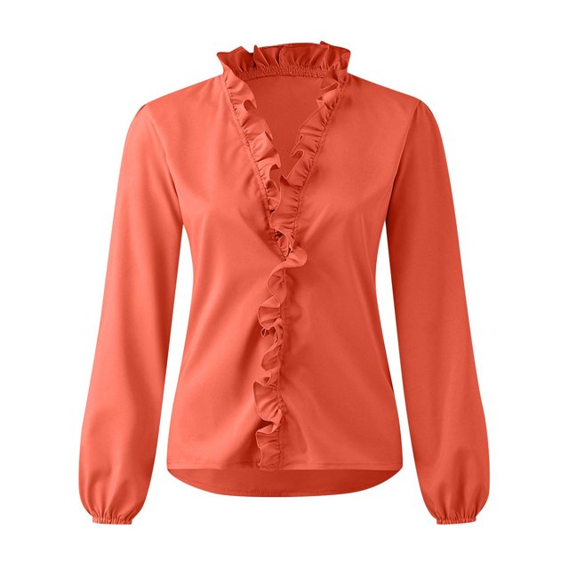 Innerwin Shirts Long Sleeve Women Blouse Office Ruffled Loose Tops Orange XL