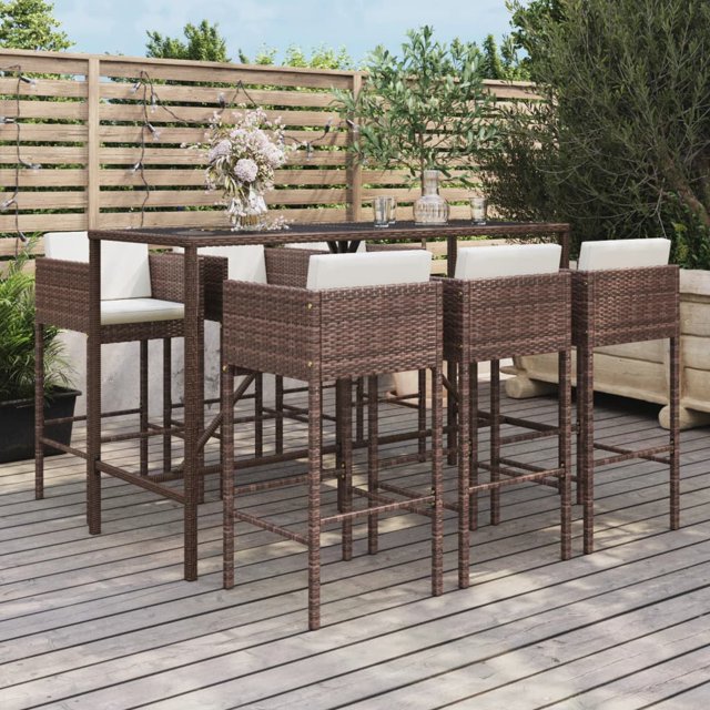 vidaXL 7 Piece Garden Bar Set with Cushions Brown Poly Rattan
