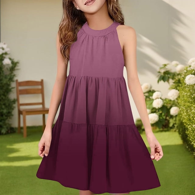 NTACZA Robe de Printemps pour Filles à Encolure Évasée, Décontractée, Sans Manches, Robe d'Été Plissée, Ombre, Robe Midi Tournoyante pour Adolescente 110