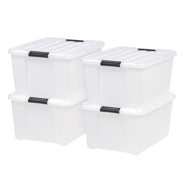 IRIS 42 L (45 Qt) Plastic Storage Box with Buckles, Pearl, Set of 4. A set of four stackable storage bins with secure buckle latches and durable plastic construction. Perfect for organizing clothes, linens, toys, gardening supplies, or seasonal items in closets, garages, basements, or attics.