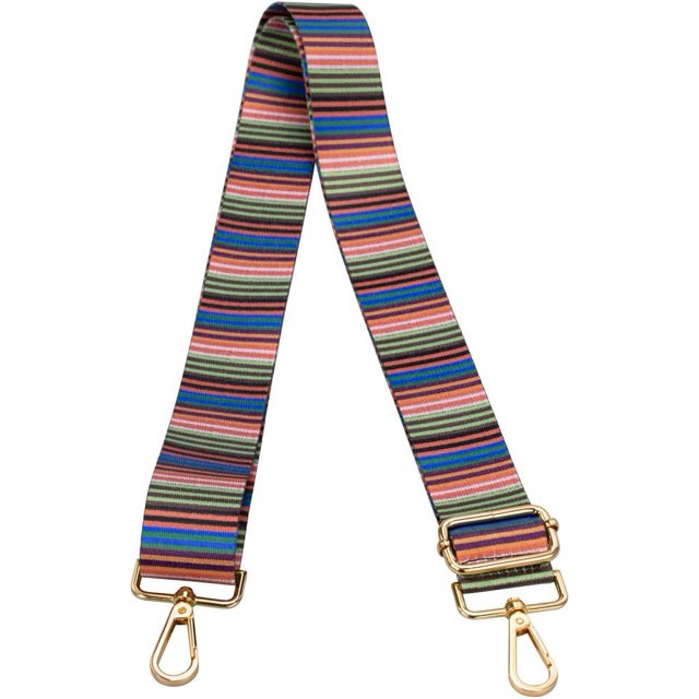 SURJDE Crossbody Strap for Purses Replacement Adjustable Guitar Multicolor Style Handbag Straps in a pinstripe design. Features gold-tone hardware and a colorful thermal transfer polyester pattern. Adjustable length from 31.5 to 57.5 inches and 1.5-inch width. Suitable as a crafting accessory for custom handbags.