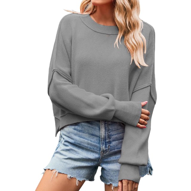 TJAZFJPA Chandail Bleu Marine Chandail pour Femmes à Col Rond Chandail Uni Ample Chandail à Enfiler Chandail Beige Chandails pour Femmes Grande Taille Chandail à Col Rond