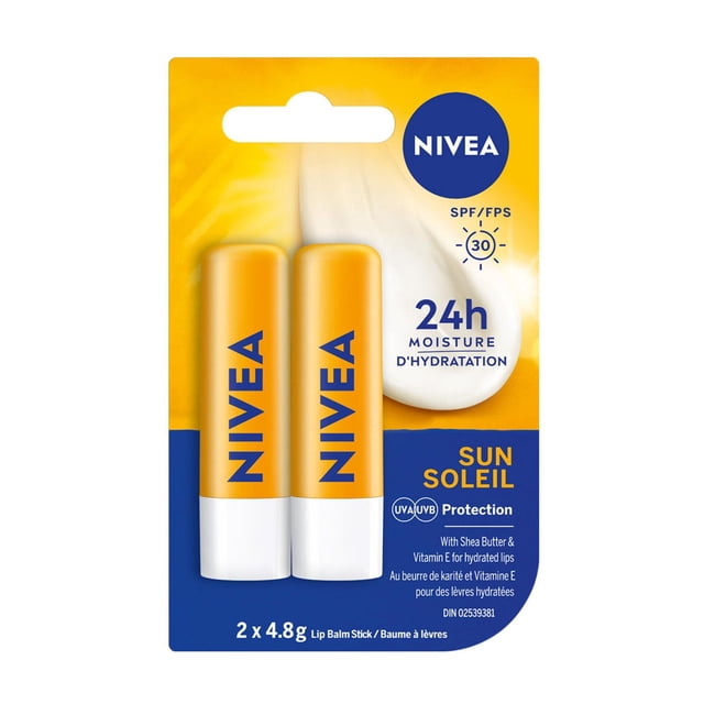 NIVEA Sun Caring 24H Moisture Lip Balm Sticks with SPF 30 duo pack showing two yellow and white lip balm tubes with blue NIVEA logo, packaged on a yellow and blue card highlighting long-lasting lip protection, UVA/UVB sun defense, and moisturizing formula with shea butter and vitamin E for hydrated lips.