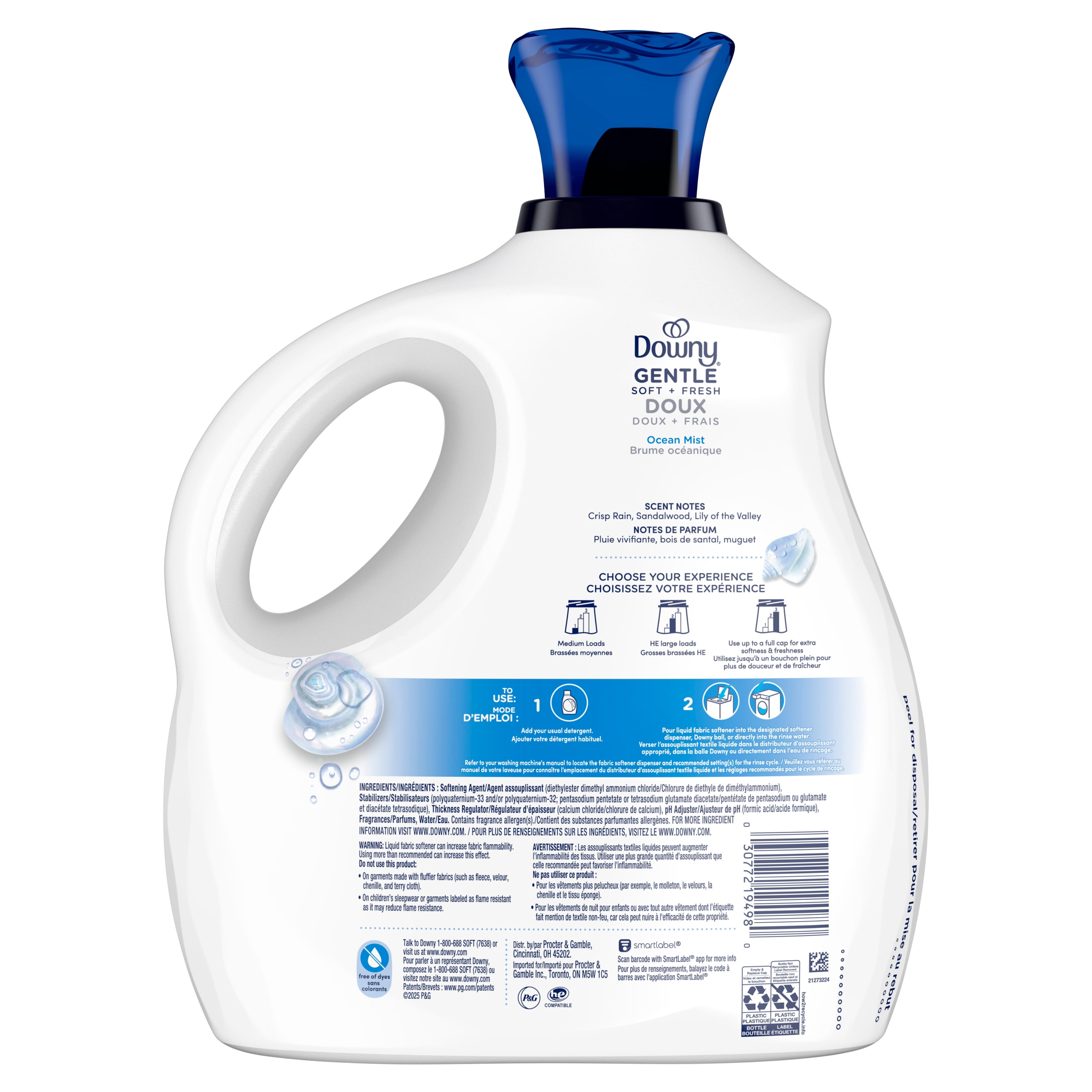 Assouplissant textile liquide Downy Doux et Frais, parfum Brume océanique, assouplissant textile liquide conçu pour être doux pour la peau, 138 brassées, 2,76 L